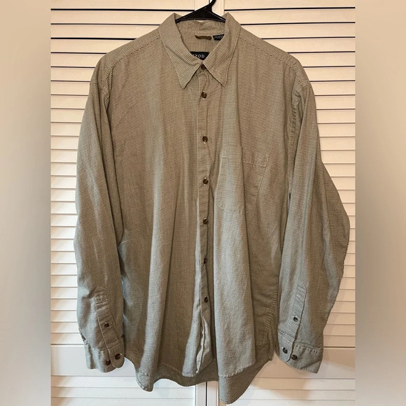 Izod Men’s Houndstooth Long Sleeve Button Down Shirt Size Large Cotton Green - Picture 7 of 16